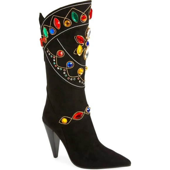 Jeffrey Campbell Gemstone Knee High Suede Heeled Boots Pointed Toe